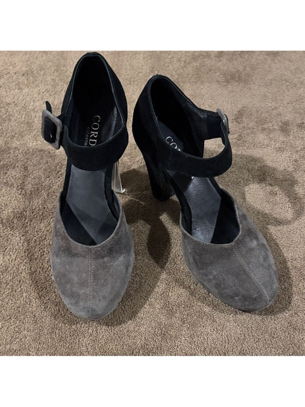 Cordani Women's Black and Gray Suede Ankle Strap Round Toe Heels - Size 36 Euro